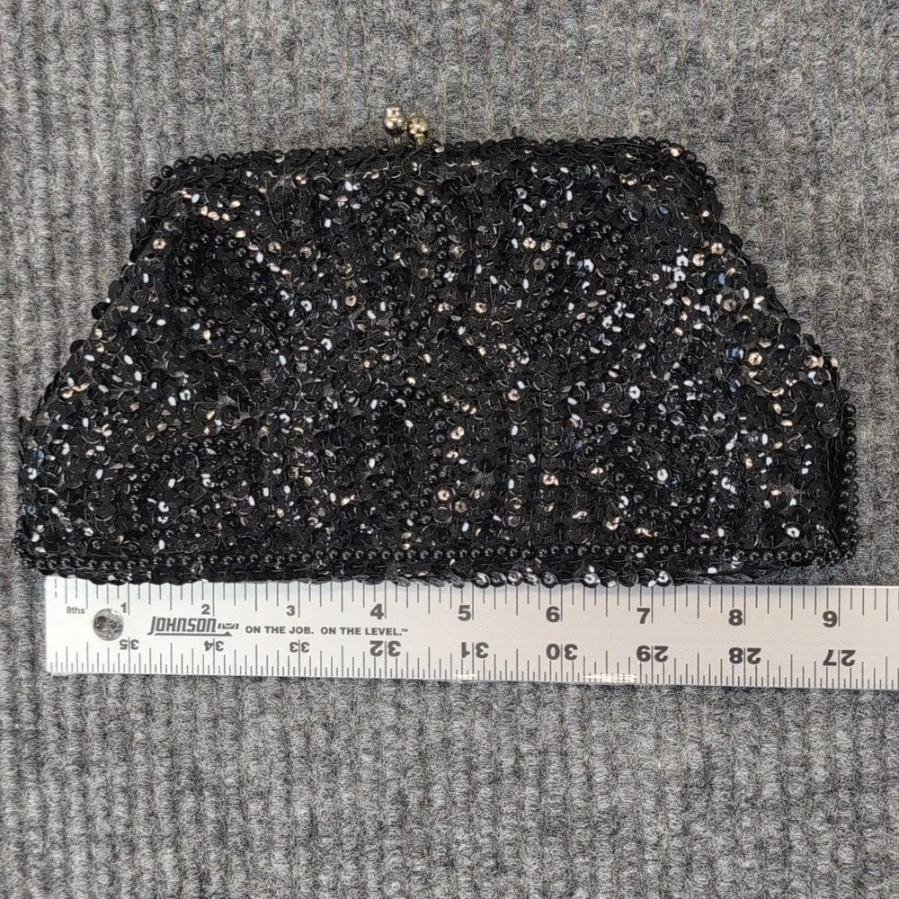 Vintage Black Beaded Sequin Kiss Lock Clutch Evening Bag Made in Japan